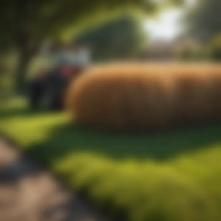 Wide shot of a lawn being dethatched in a garden