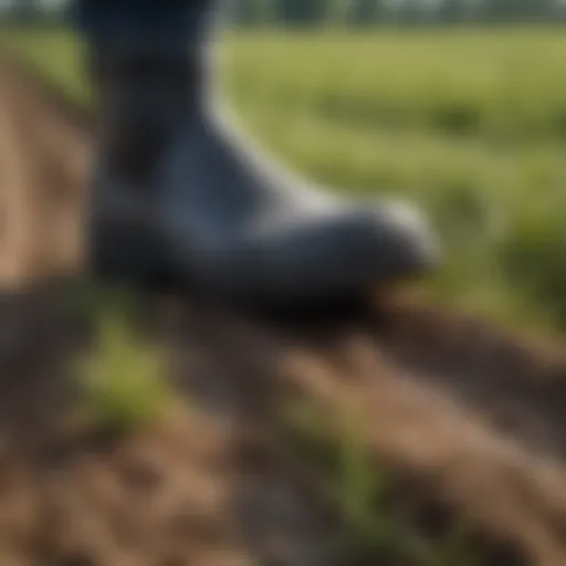 Close-up of slip-on rubber overshoes in a field