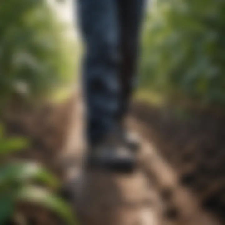 Worker using rubber overshoes among crops