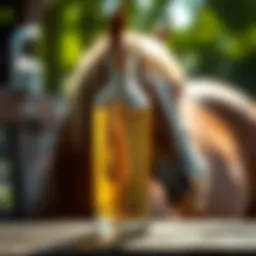 Wheat germ oil in a glass bottle with a horse in the background