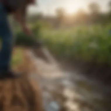 A close-up image of a farmer irrigating crops, demonstrating the critical link between water conservation and agriculture.