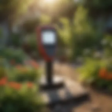 Digital pH Tester in a Garden Setting A digital pH tester displayed in a garden environment.