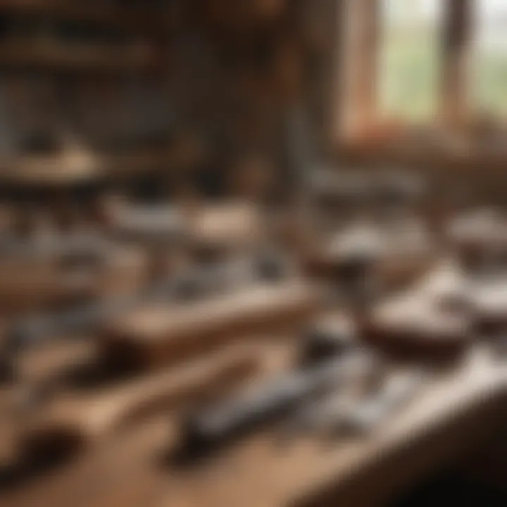 An array of woodworking tools on a workbench